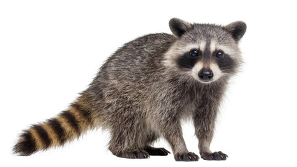 Raccoon with striped tail standing on white © Solene
