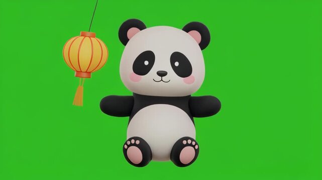 Cute panda character holding a glowing lantern in a festive green screen setting