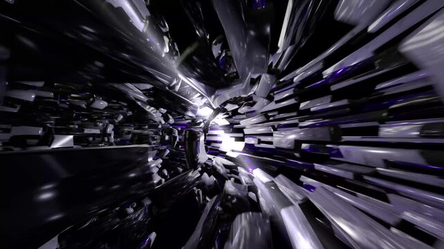 Abstract futuristic sci-fi tunnel background with dark metallic glossy blocks and orange neon glow light, loopable technology corridor animation.