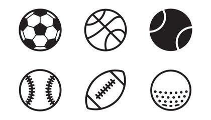 Fototapeta premium Sporting goods icons featuring soccer ball basketball tennis ball baseball football and golf ball vector.