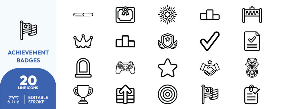 Earning Milestones icon set. Containing progress bar, podium steps, certificate scroll, game controller, trophy cup, checklist with checkmark. Editable stroke. Vector illustration.