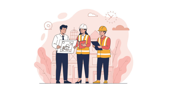 Flat vector illustration of an architect holding a blueprint while discussing construction plans with a female engineer and a male foreman in safety vests and hard hats.