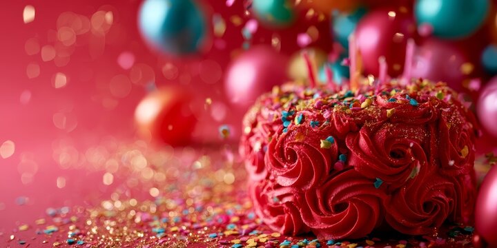 Elegant red birthday cake with rich buttercream swirls, golden glitter, and confetti explosion for festive event visuals.
