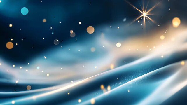 Glowing abstract background with floating lights and dynamic waves in blue and gold
