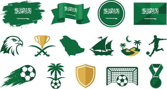 Saudi Arabia flag and sports icons set falcon map national day soccer tournament emblem symbol vector flat illustration