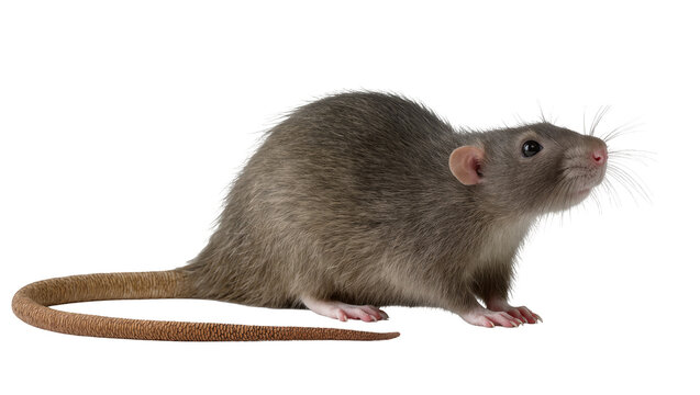 Brown rat with long tail on white
