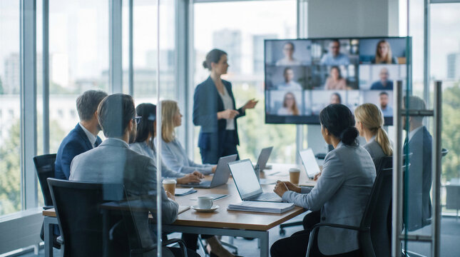 Business team in modern conference room attending hybrid meeting with remote colleagues on video screen.