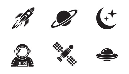 Space icons, flat design, a collection of cosmic elements in simple silhouettes with celestial bodies. © MSTGIRATUN