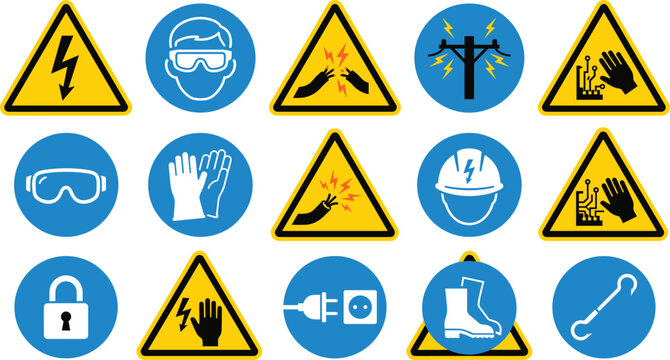 Electrical safety signs set high voltage warning hazard shock ppe helmet gloves goggles plug icon vector illustration