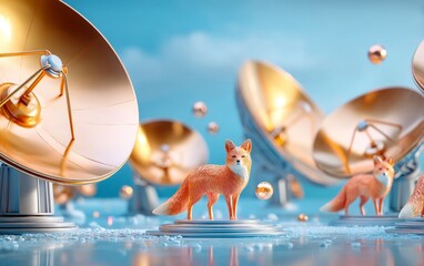 Fototapeta premium Rose Gold 3D Render of Foxes Surrounded by Giant Floating Objects