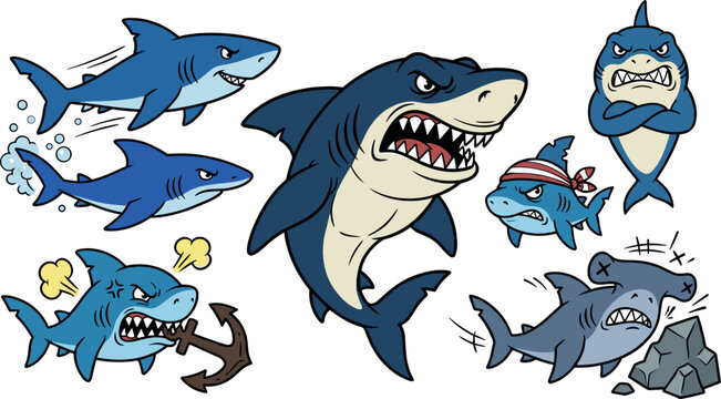 Angry Shark Cartoon Character Vector Icon Set Featuring Great White Hammerhead and Pirate Sharks Biting Anchor for Aggressive Mascot Team Logos