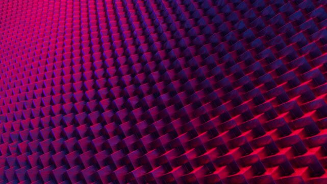 Abstract 3D animation of geometric cubes shifting in a seamless loop. Dark metallic blocks with vibrant neon pink, red, and purple light reflections. Futuristic cyberpunk technology background.