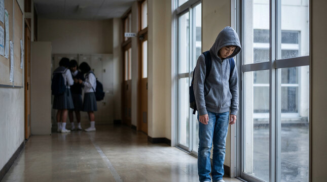 Isolated schoolboy in hoodie standing apart from classmates in school hallway, bullying and social exclusion awareness with copy space.