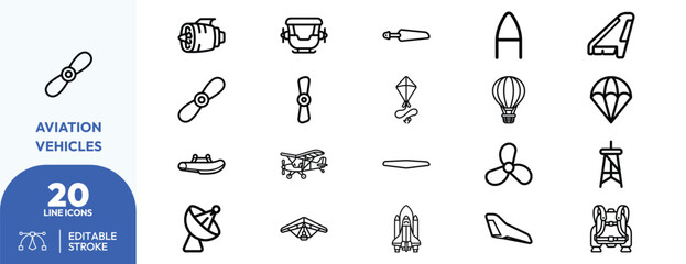 Aeronautical Machinery icon set. Containing jet engine, propeller, glider, parachute, rocket, ultralight, biplane, rotor. Editable stroke. Vector illustration. © khopidd232
