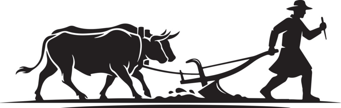 Silhouette of a farmer plowing with oxen black