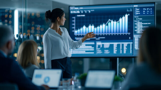 Faceless female executive presenting data on a large screen to seated colleagues in a glass office at night, explaining performance results, discussing risks and guiding the team