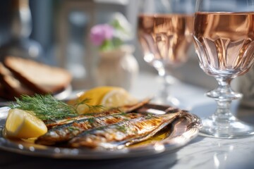 Fototapeta premium Grilled fish on plate with lemon and dill served with glass of rose wine. Healthy mediterranean seafood dinner on restaurant table. Culinary concept for romantic date or holiday meal.