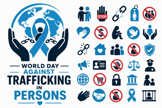 World Day Against Trafficking in Persons vector icon set, human rights awareness symbols, global anti-trafficking campaign elements, blue and red social justice graphics isolated PNG with