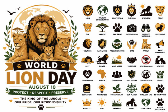 World Lion Day poster and 42 icons set, wildlife conservation vector elements, African safari lion family illustration for August 10 awareness isolated PNG with Transparent Background