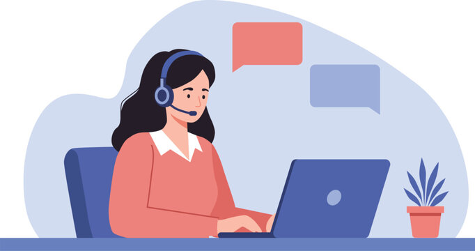 Customer service woman in headset with laptop flat vector illustration