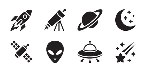 Set of black flat space icons. simple silhouette of a rocket, telescope, planet, moon, satellite. © MSTGIRATUN