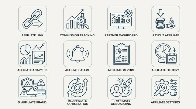 Flat line icons set for affiliate marketing program management and partner portal