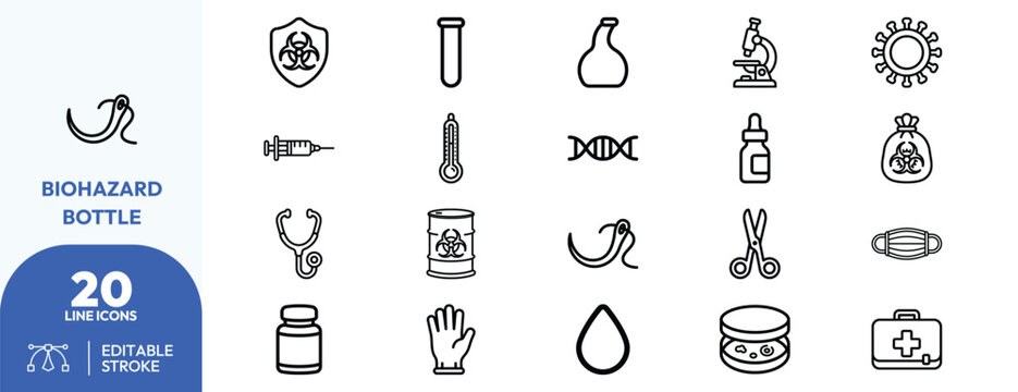 Infectious Disease Control icon set. Containing biohazard bottle, virus particle, syringe, microscope, dna strand, thermometer, medical mask, scissors, test. Editable stroke. Vector illustration.