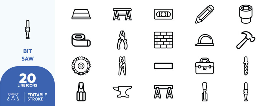 Handcrafted carpentry tools icon set. Containing bit saw, workbench, sawhorse, pencil, hammer, drill, pliers, wrench, screwdriver, vise, circular saw blade. Editable stroke. Vector illustration.