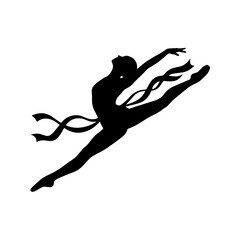 Black silhouette of a graceful ballerina performing a leap with flowing ribbons isolated on a white background, for dance projects © Mia1000
