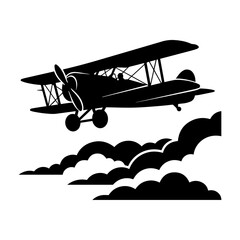 Black silhouette of a vintage biplane flying above stylized clouds, isolated on a white background, of an old aircraft © Mia1000