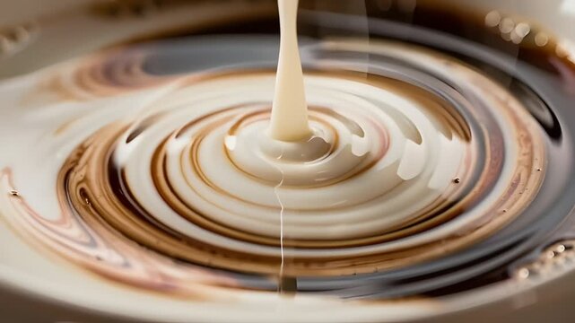 Close-up of milk pouring into coffee creating swirl patterns