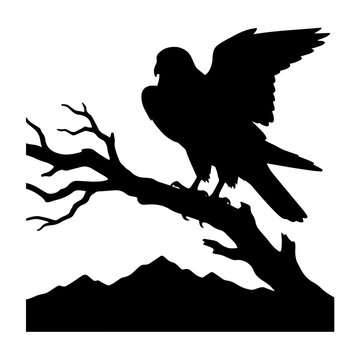 Black silhouette of an eagle perched on a dead tree branch with mountains in the background, isolated on a white background, nature