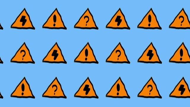 Seamless pattern of hand-drawn orange warning triangles with question, exclamation, and lightning bolt symbols in an abstract horizontal background animation for industrial safety notice wallpaper.