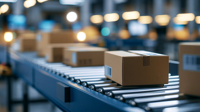 Automated sorting center transporting boxes, packages and parcels on a conveyor belt, retail orders and mail ready to be shipped from an international distribution hub, POV