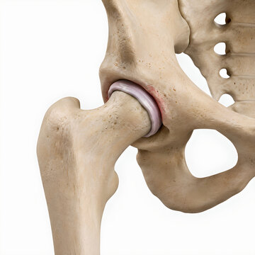 Femoroacetabular impingement hip joint isolated medical 3D anatomy render showing restricted motion, bone overgrowth and acetabular rim contact for orthopedic education and healthcare design use