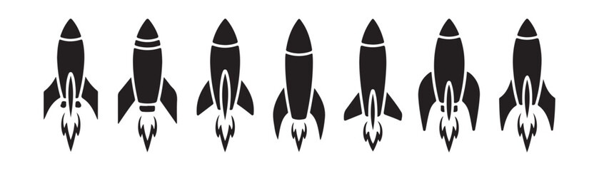 Black rocket ship icons for business launch and space travel concept isolated on transparent background. © MSTGIRATUN