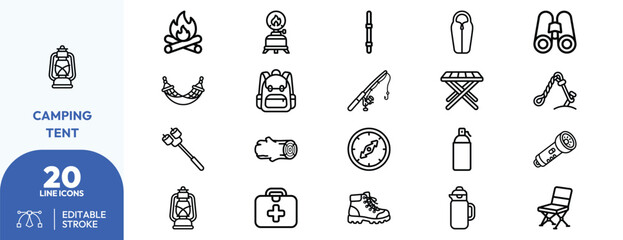 Naklejka premium Wilderness Expedition Gear icon set. Containing lantern, campfire, backpack, fishing rod, tent, hiking boots, camp stove, binoculars, sleeping bag, axe. Editable stroke. Vector illustration.