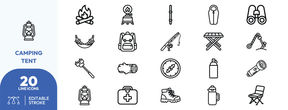 Wilderness Expedition Gear icon set. Containing lantern, campfire, backpack, fishing rod, tent, hiking boots, camp stove, binoculars, sleeping bag, axe. Editable stroke. Vector illustration.