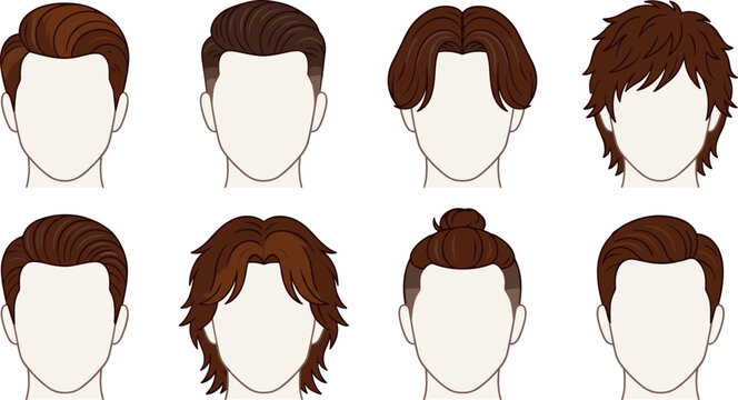 Men Hairstyle Vector Icon Set Featuring Male Brown Hair Variations Including Curtain Bangs Shag Cut Top Knot Undercut Pompadour and Comb Over Styles