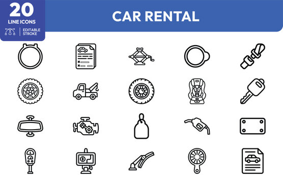 Car Service Essentials icon set. Containing car jack, tow hook, spare tire, fuel pump, wrench, parking meter, contract document, steering wheel, seatbelt. Editable stroke. Vector illustration.