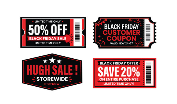 Black friday sale coupons and discount labels Vector