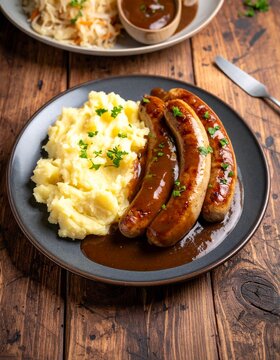 Rostbratw&uuml;rstchen mit Sauerkraut, Kartoffelp&uuml;ree und dunkler So&szlig;e &ndash; deftige deutsche K&uuml;che