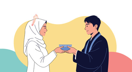 Fototapeta premium Young Muslim couple dressed in traditional attire sharing a drink or meal while holding a blue bowl in a symbolic gesture of unity.