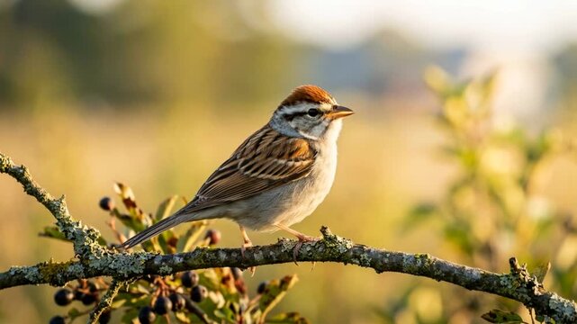 chipping sparrow singing in central park new york golden light close up video