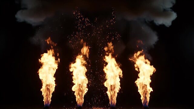 Four plumes of fire erupt against a dark background.