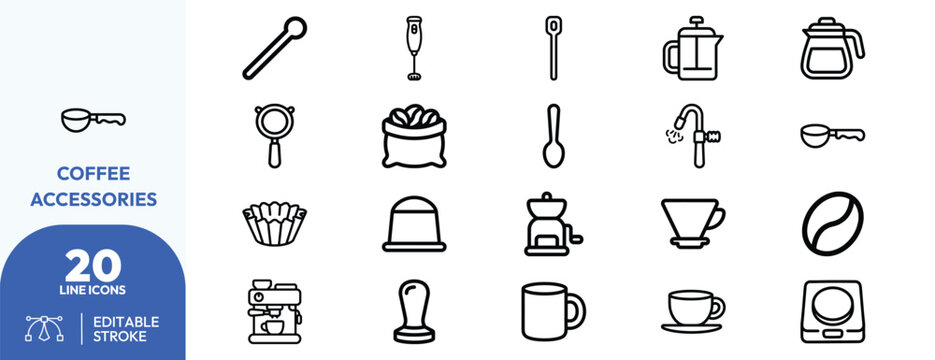 Beverage Crafting Tools icon set. Containing coffee stirrer, cocktail shaker, coffee filter, pour-over brewer, coffee scoop, manual grinder, french press, coffee. Editable stroke. Vector illustration.