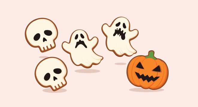Collection of decorated Halloween sugar cookies shaped like ghosts skulls and a carved pumpkin arranged on a light background for festive treats.