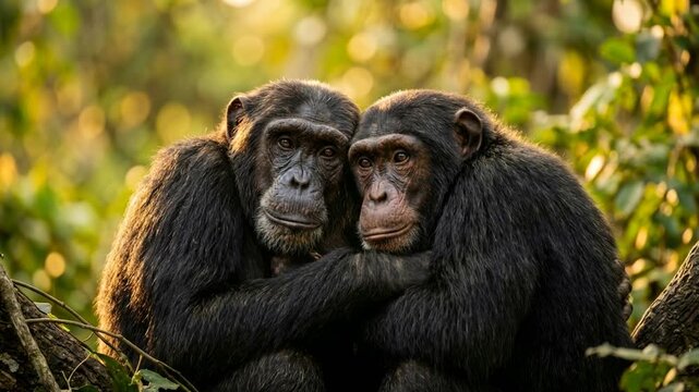 two chimpanzee close up in kibale forest uganda golden light video