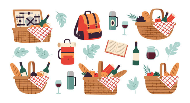 Assortment of picnic essentials including wicker baskets filled with bread fruit and wine alongside backpacks books and outdoor gear for a trip.