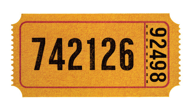 Yellow raffle ticket with red border and numbers 742126 and 92498, isolated on transparent background